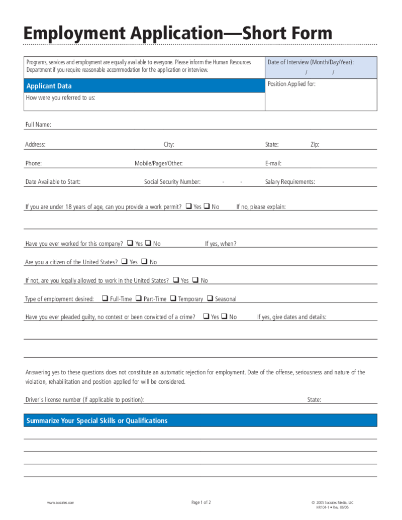 Employment Application Short Form