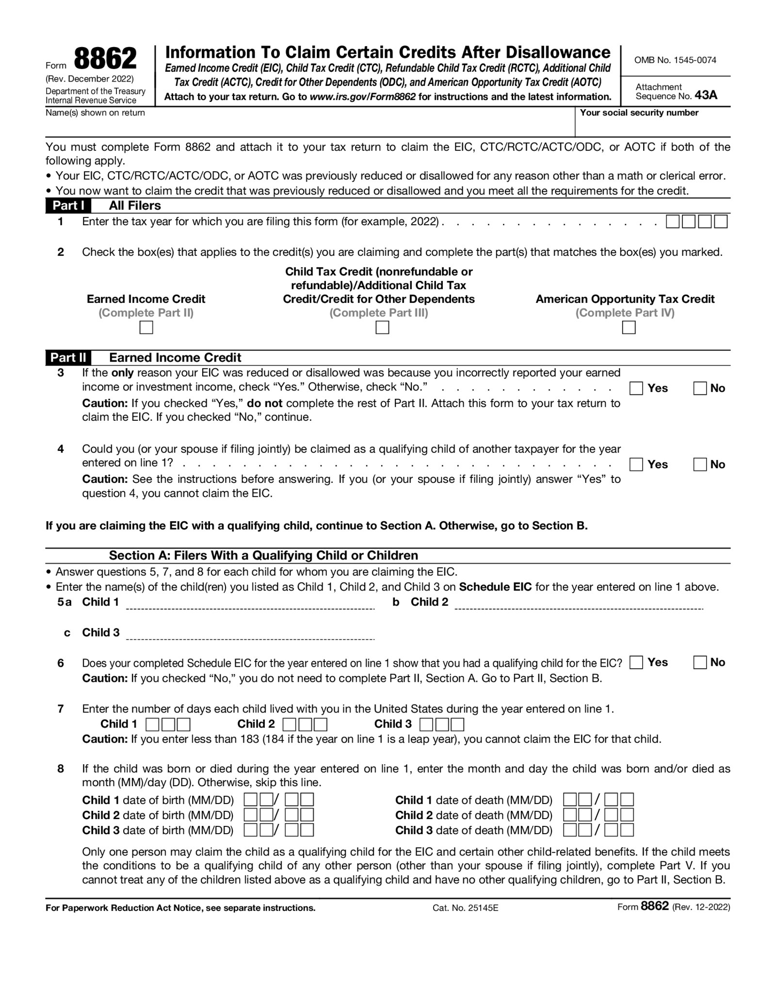 Fillable Form IRS 8862 - Thumbnail