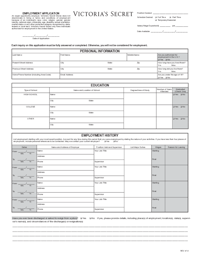 Victoria Secret Application Form