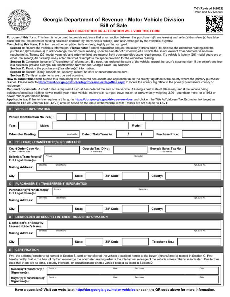 Georgia Bill of Sale Form T-7
