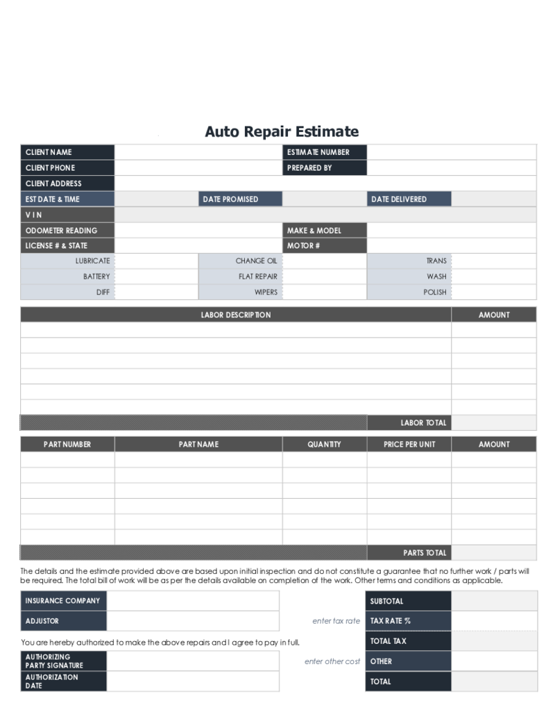 Auto Repair Estimate Template