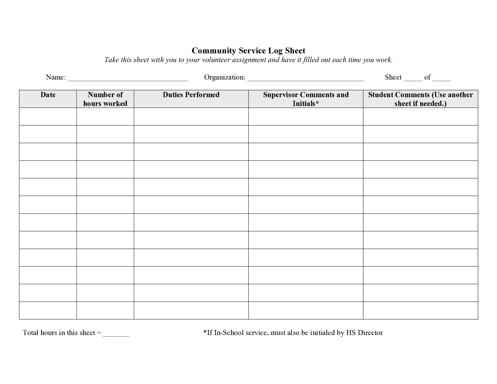 Community Service Log Sheet - Thumbnail