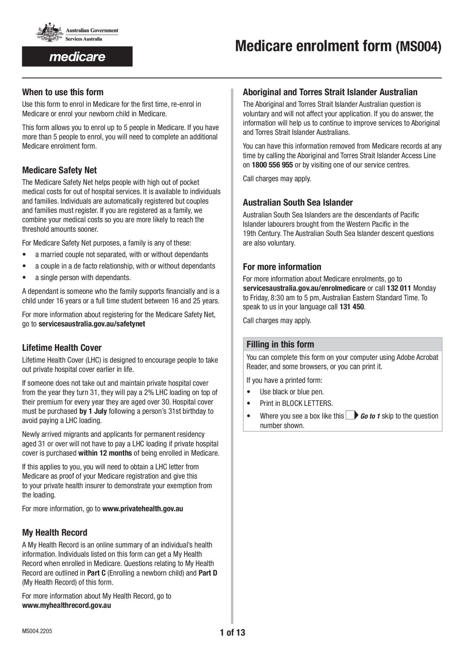 Medicare enrolment form (MS004) - Thumbnail