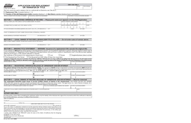 Form REG 277 - Application for Replacement or Transfer of Title