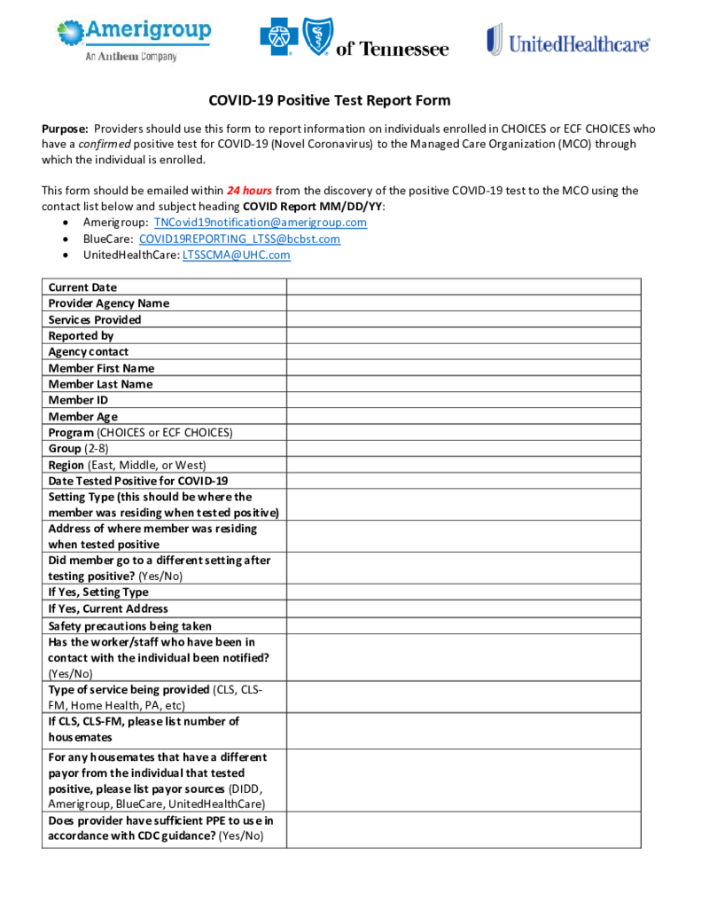 TN COVID-19 Positive Test Report Form