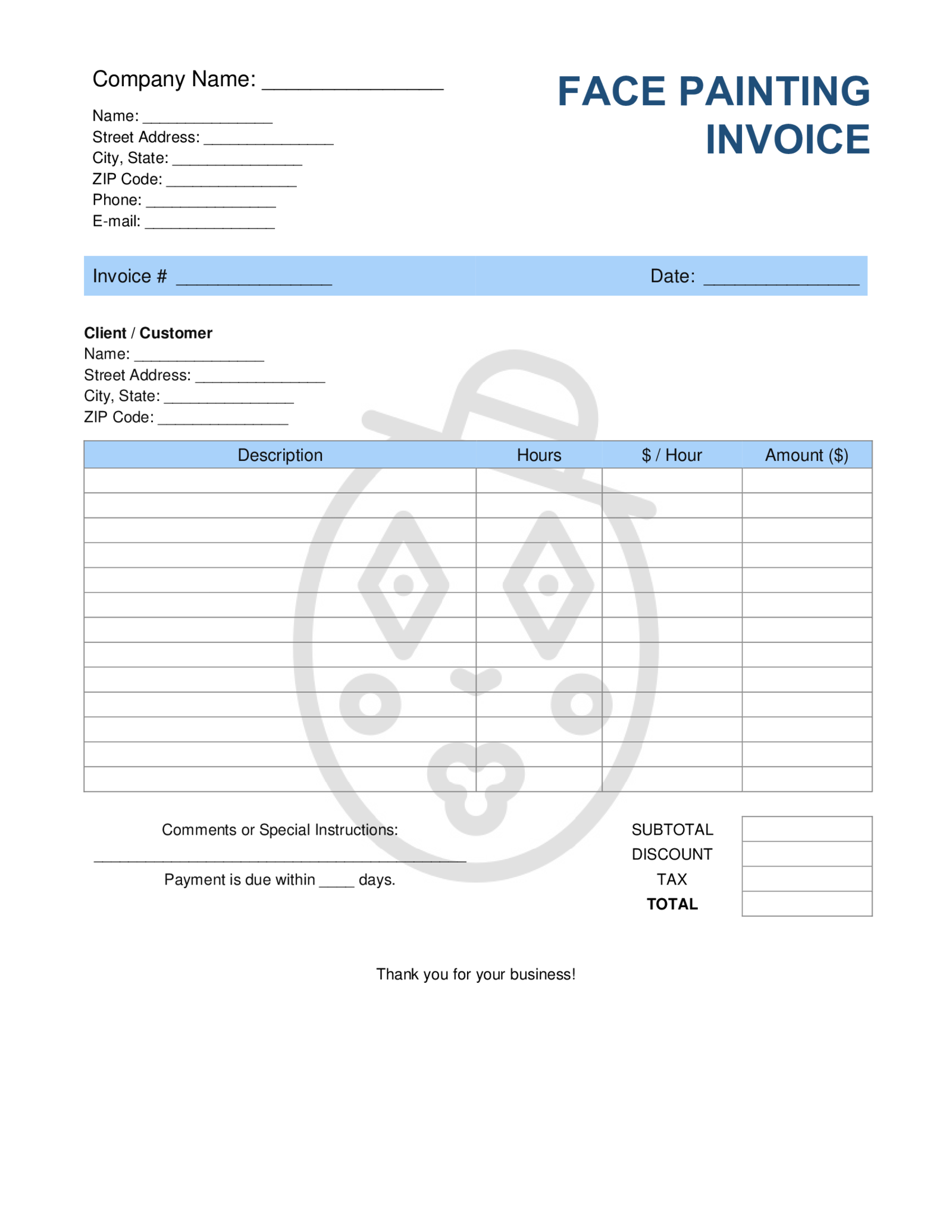 Face Painting Invoice Template - Thumbnail