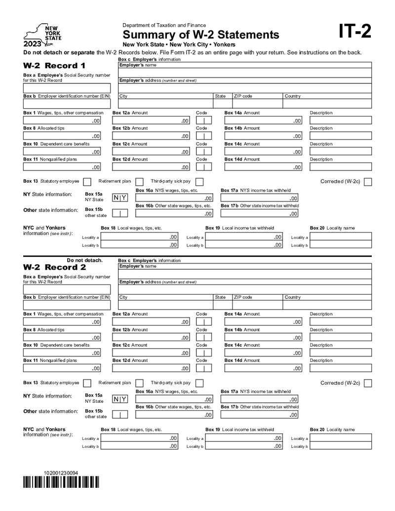 NY Form IT-2 - Summary of W-2 Statements