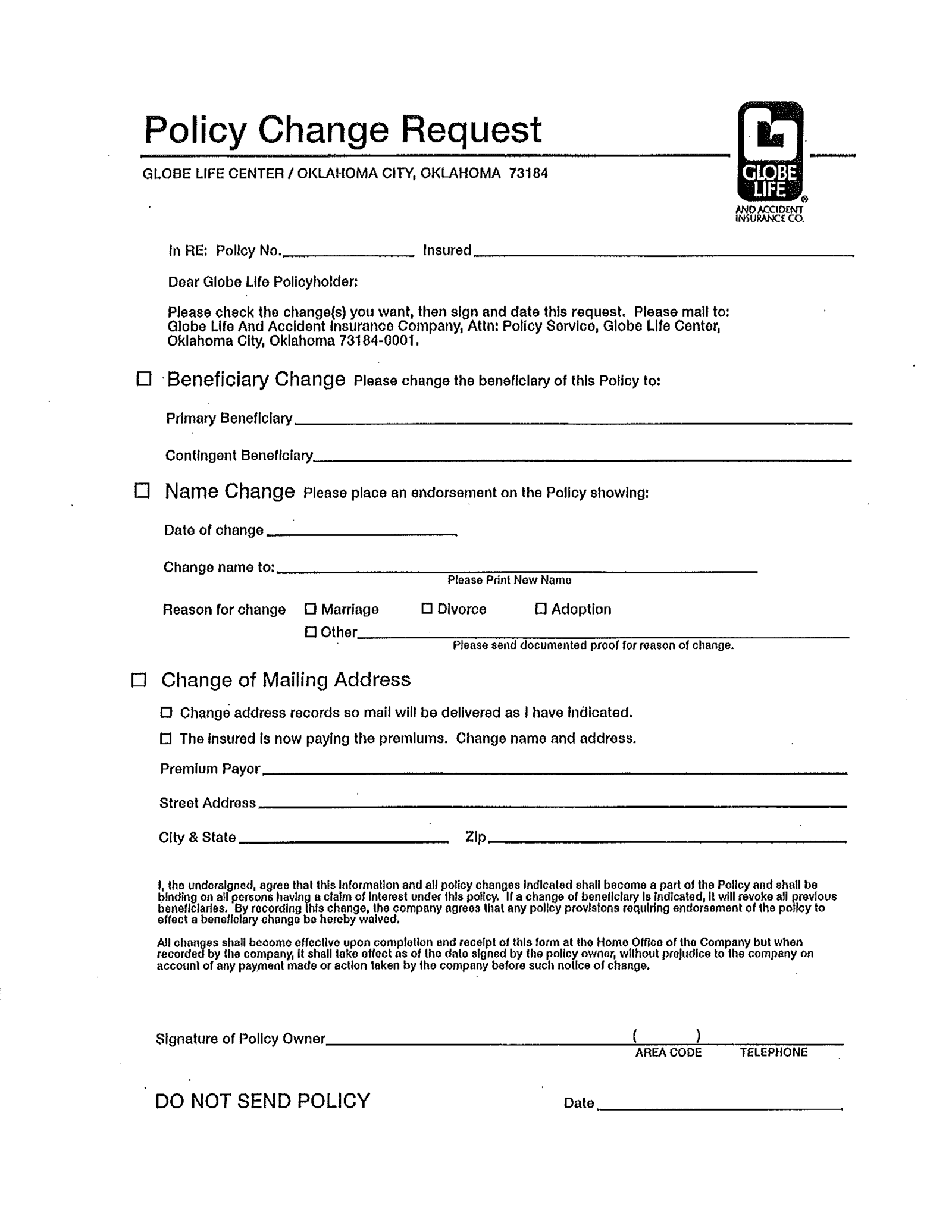 Globe Life Beneficiary Change Form - Thumbnail