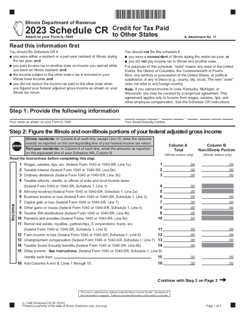 Illinois Tax Form 1040 Schedule CR