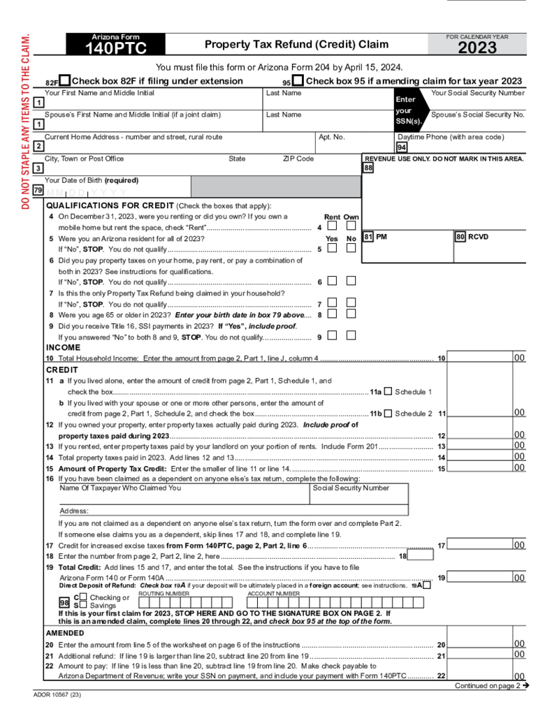 Arizona Form 140 PTC