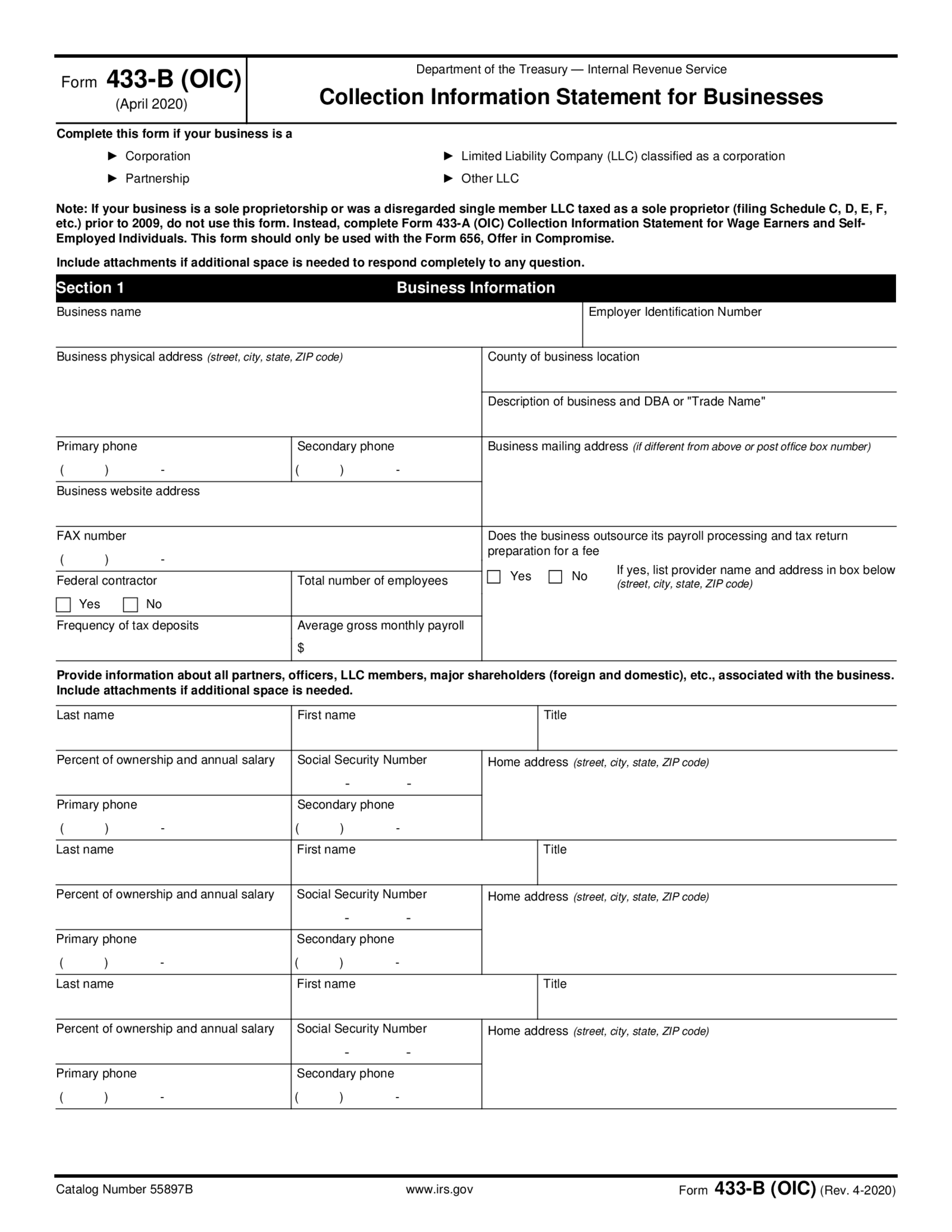 433-B (OIC) Collection Information Statement for Businesses - Thumbnail