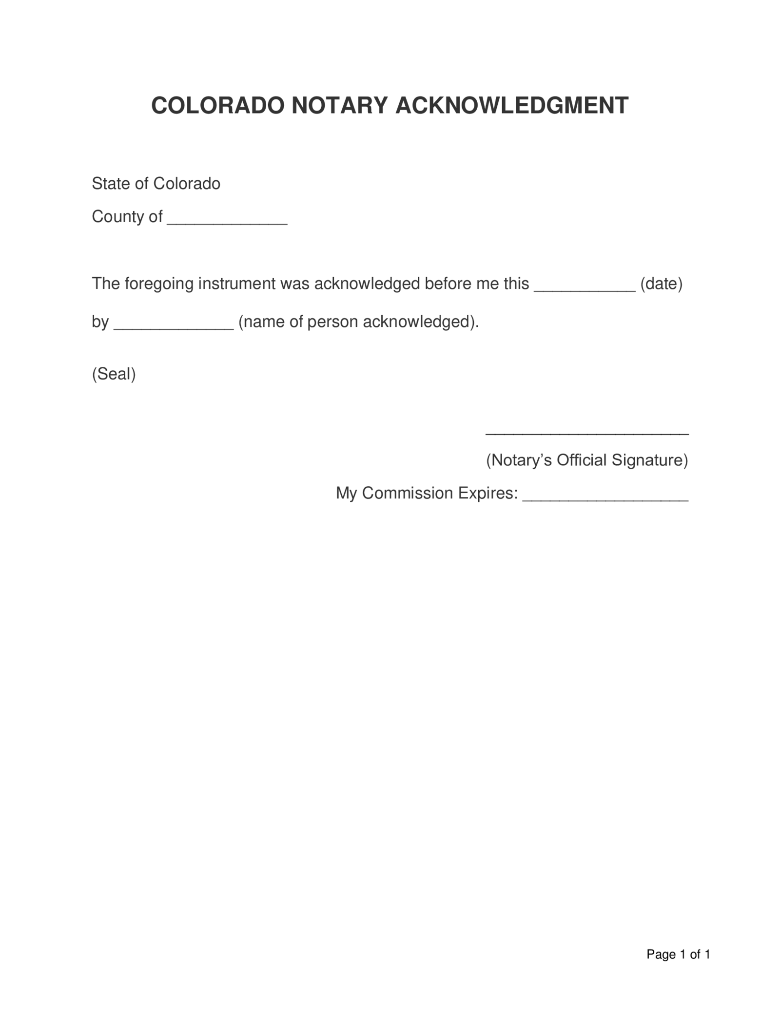 Colorado Notary Acknowledgment Form - Thumbnail