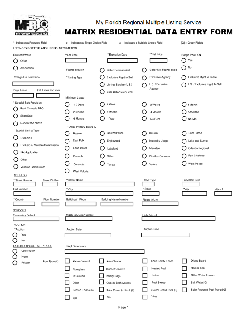 MFR Matrix MLS Residential Listing Form