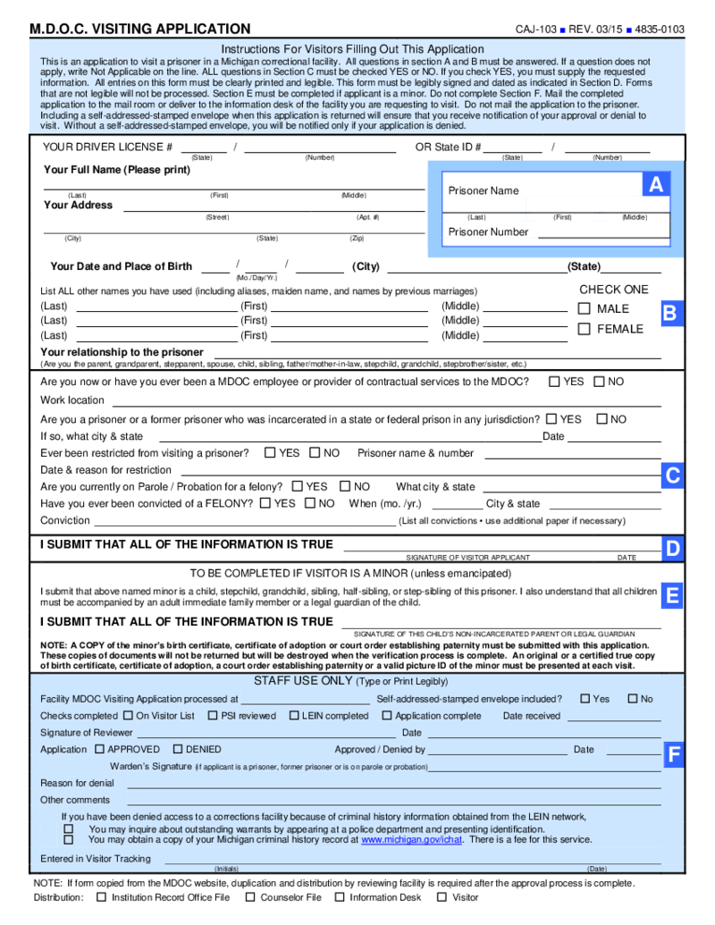 M D O C Visiting Application