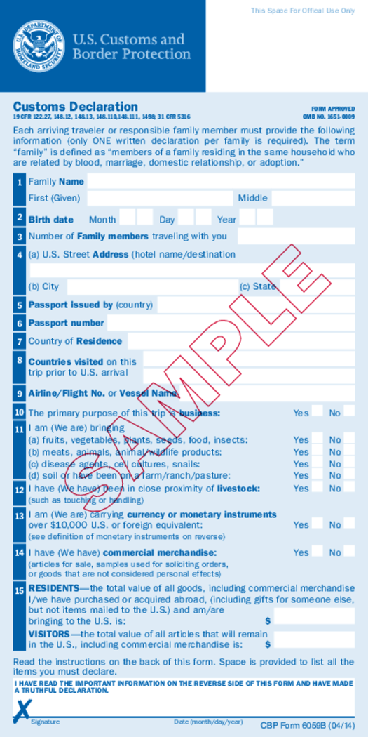 CBP Form 6059B, Customs Declaration