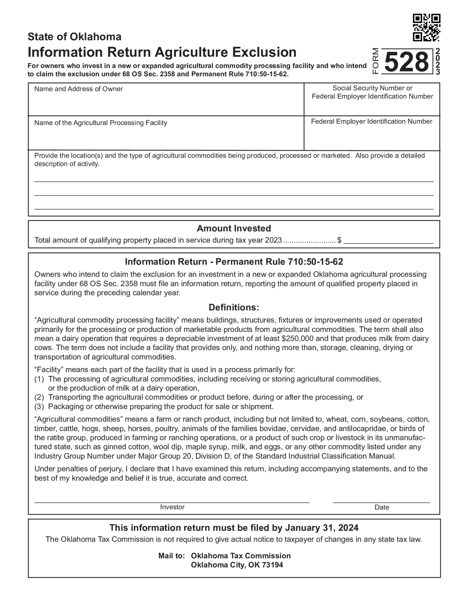 Oklahoma Form 528 - Information Return Agriculture Exclusion - Thumbnail