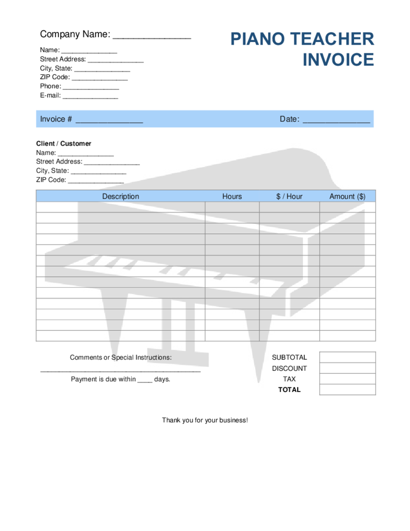 Piano Teacher Invoice Template