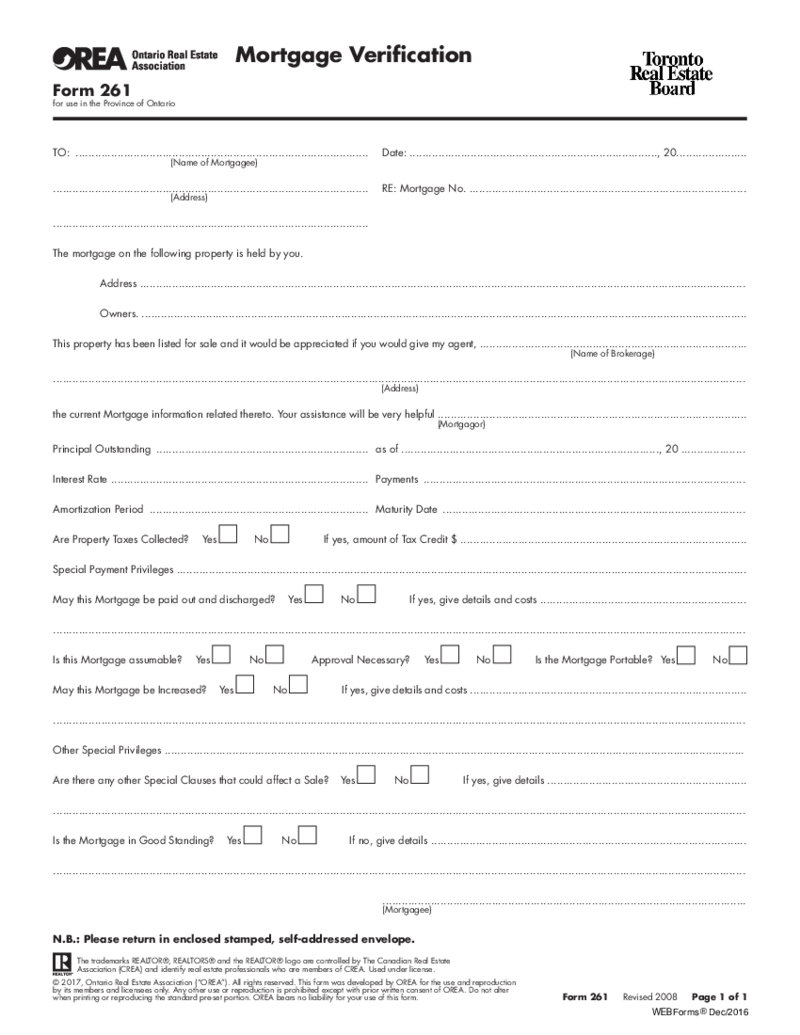 Form 261, Mortgage Verification