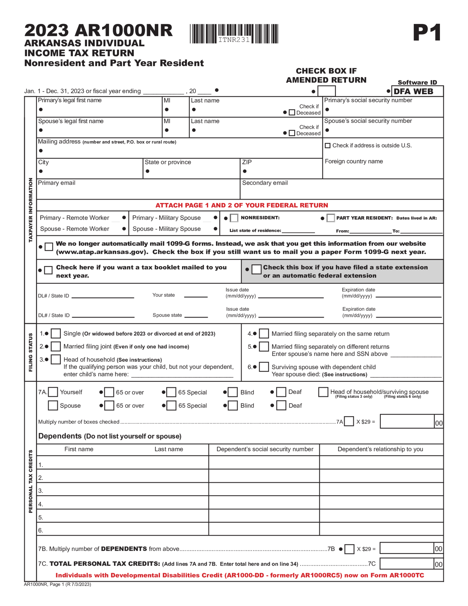 Form AR1000NR - Part Year or Non-Resident Income Tax Return - Thumbnail