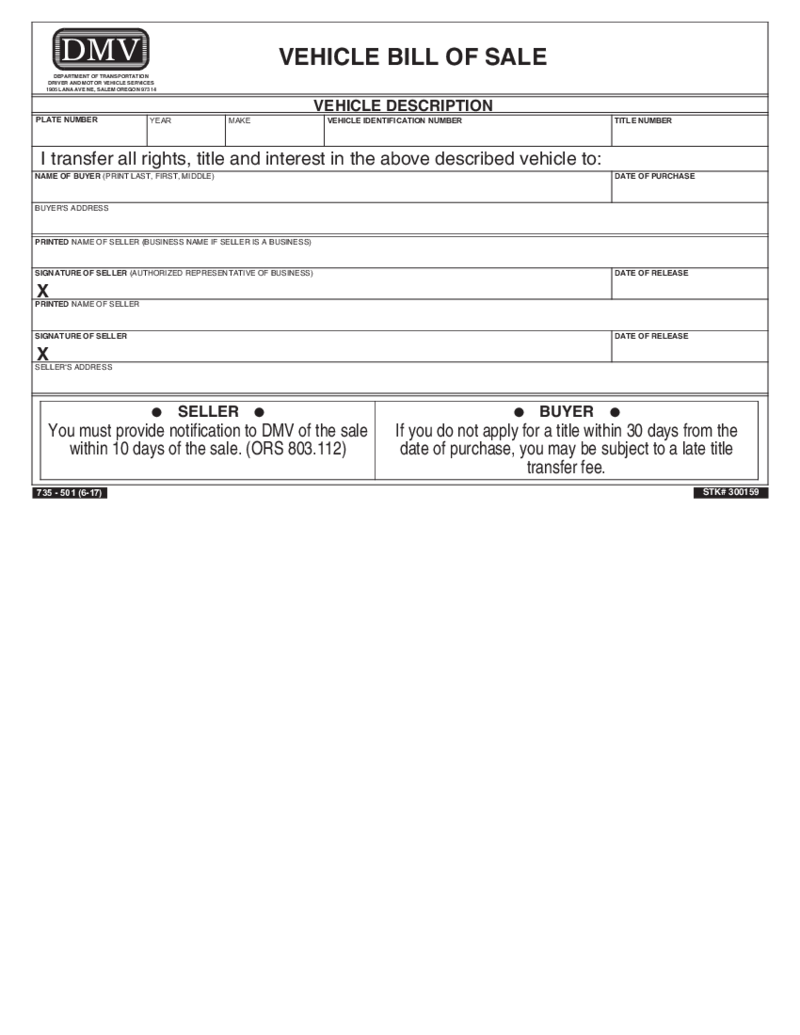 Oregon Motor Vehicle Bill of Sale