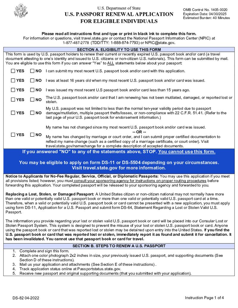 DS 82 Form - Passport Renewal Application