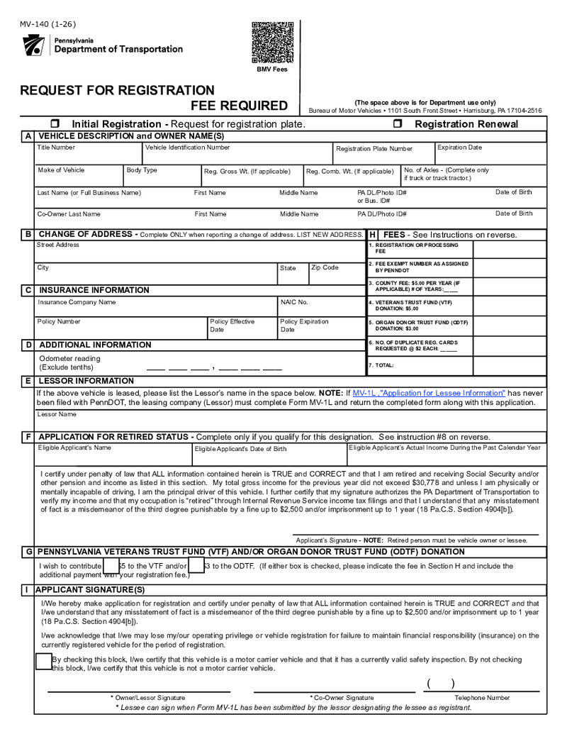 Pennsylvania Renewal Registration - MV-140
