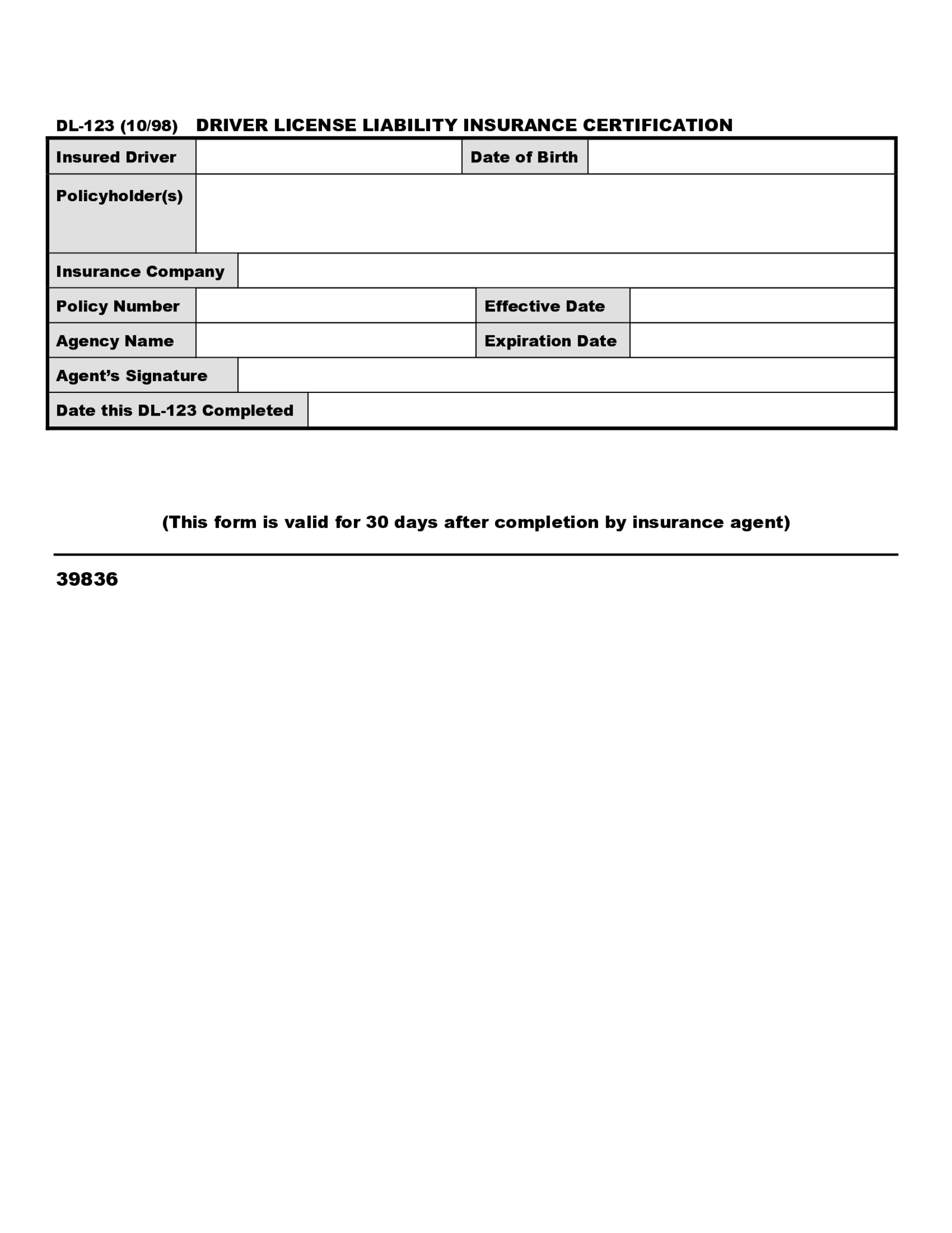 Dl-123 Insurance Form - Thumbnail