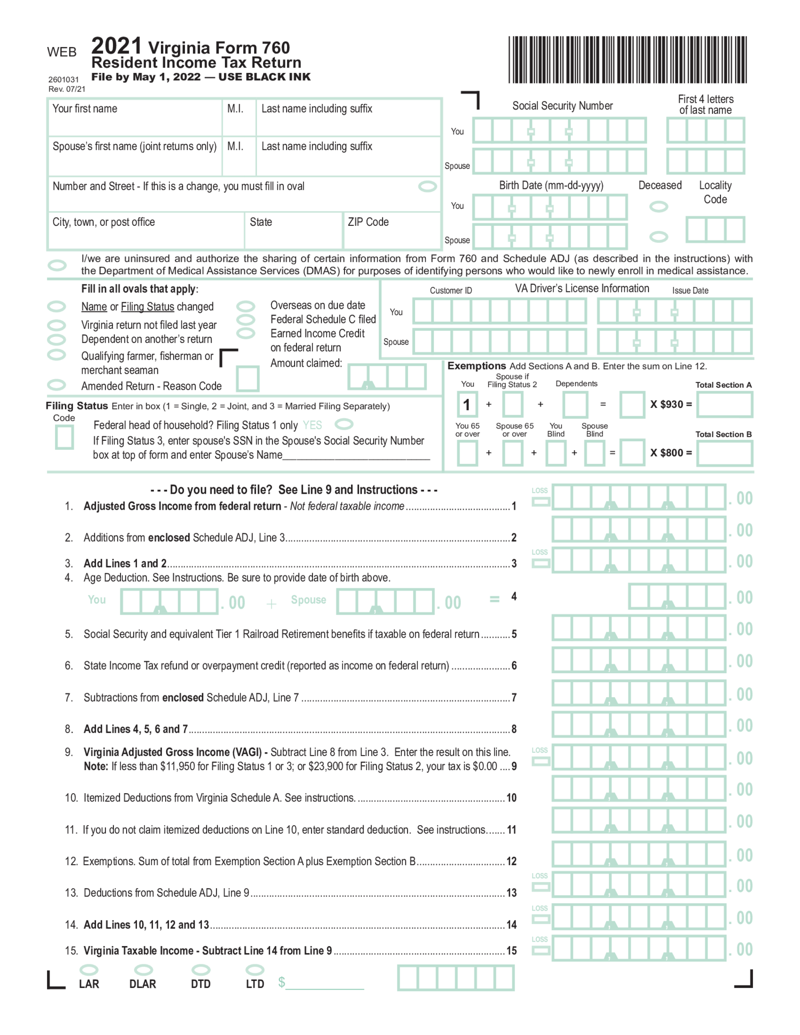 Virginia Income Tax Return Form 760 (2021) - Thumbnail