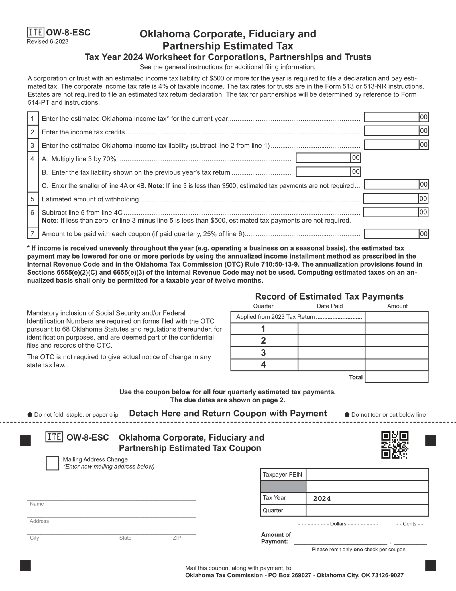 Form OW-8-ESC Oklahoma Corporate - Thumbnail