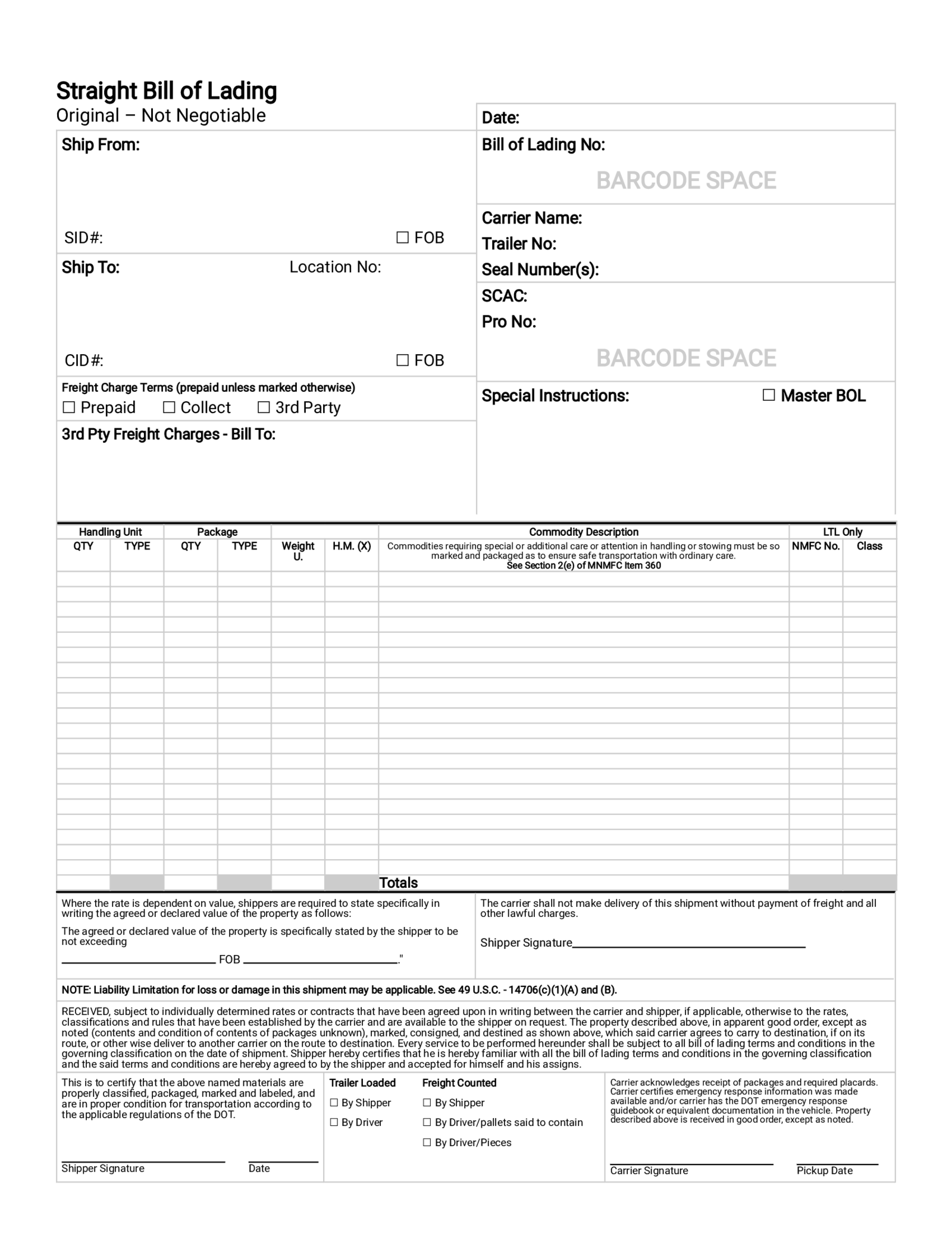 Straight bill of Lading - Thumbnail