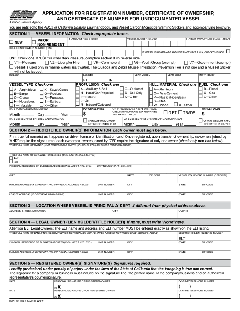 Application for Vessel Certificate of Number (BOAT 101)