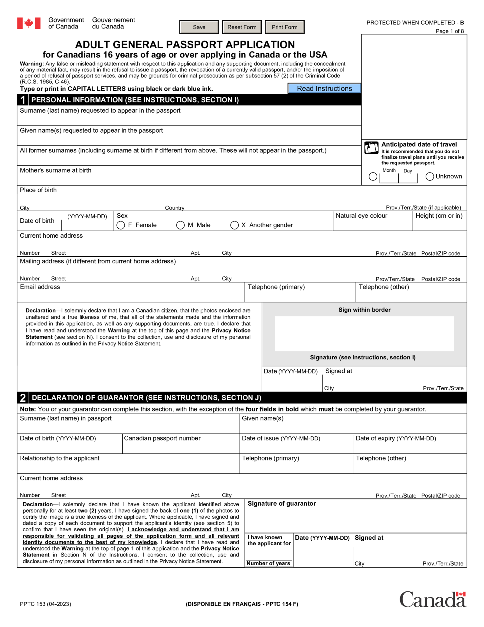 Adult General Passport Application, PPTC 153 - Thumbnail