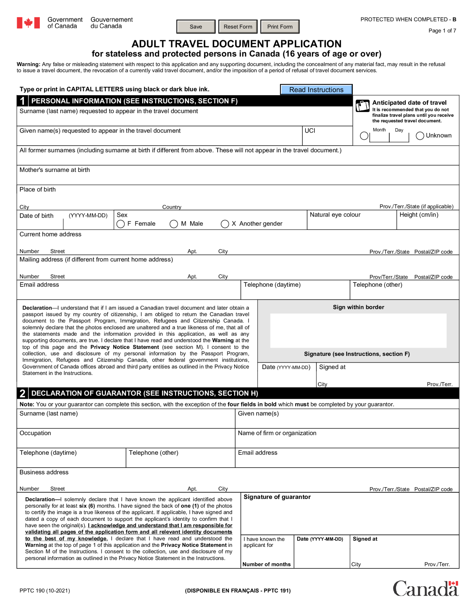 PPTC 190 - Adult Travel Document Application - Thumbnail