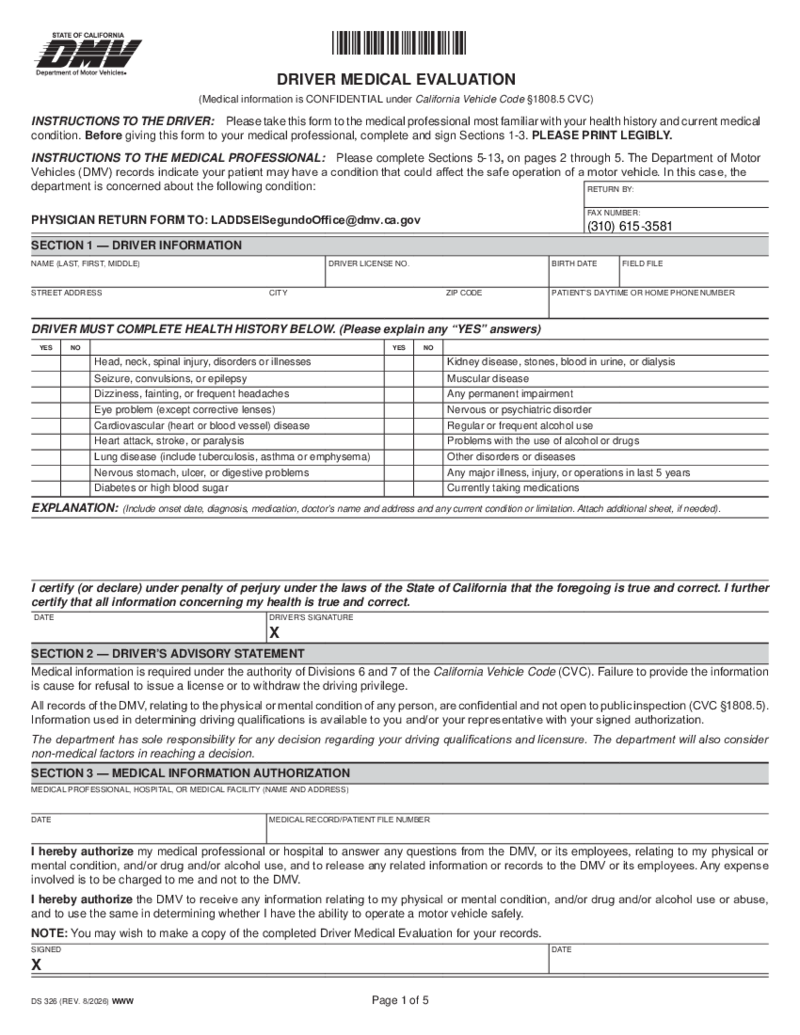 DS 326 Driver Medical Evaluation