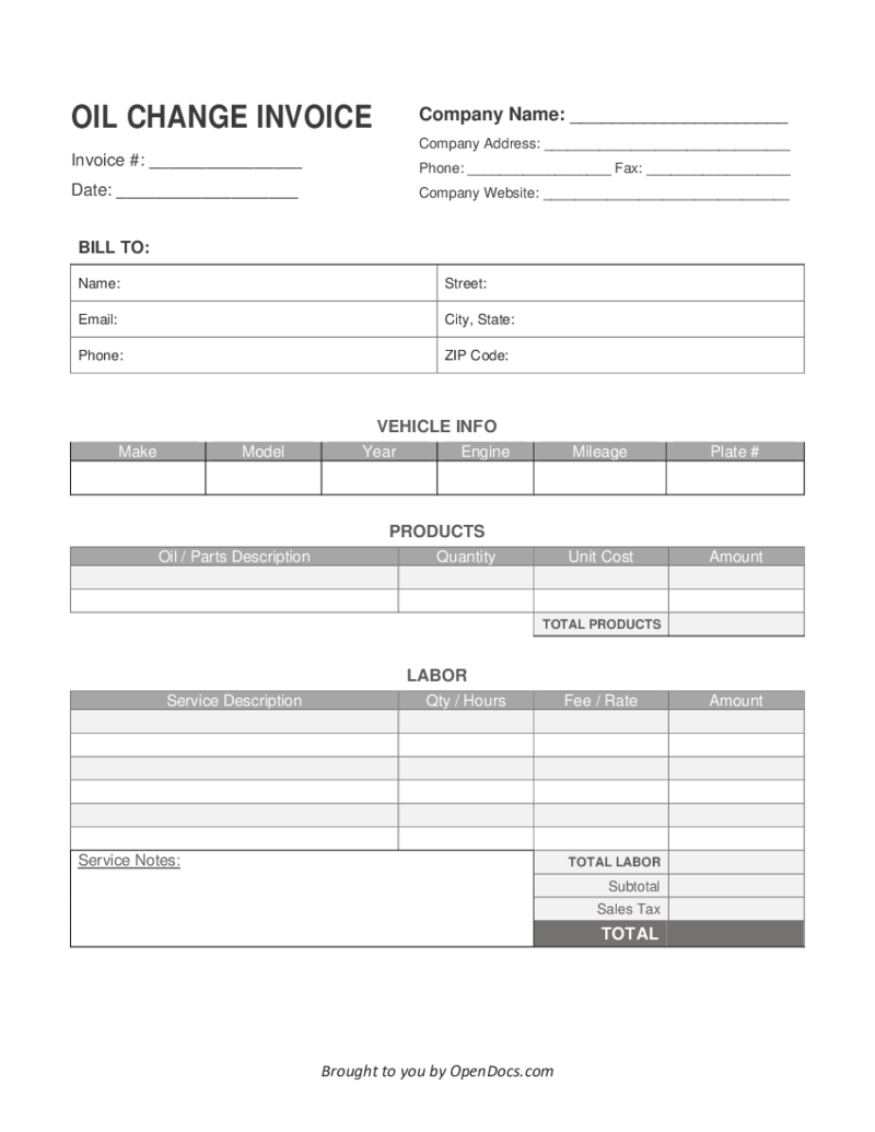 Oil Change Invoice