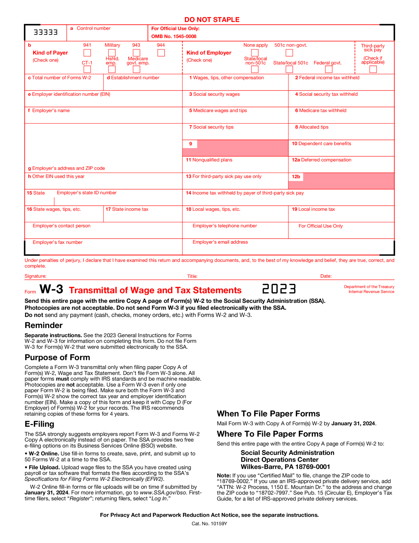 Fillable Form W-3 (2023) - Thumbnail