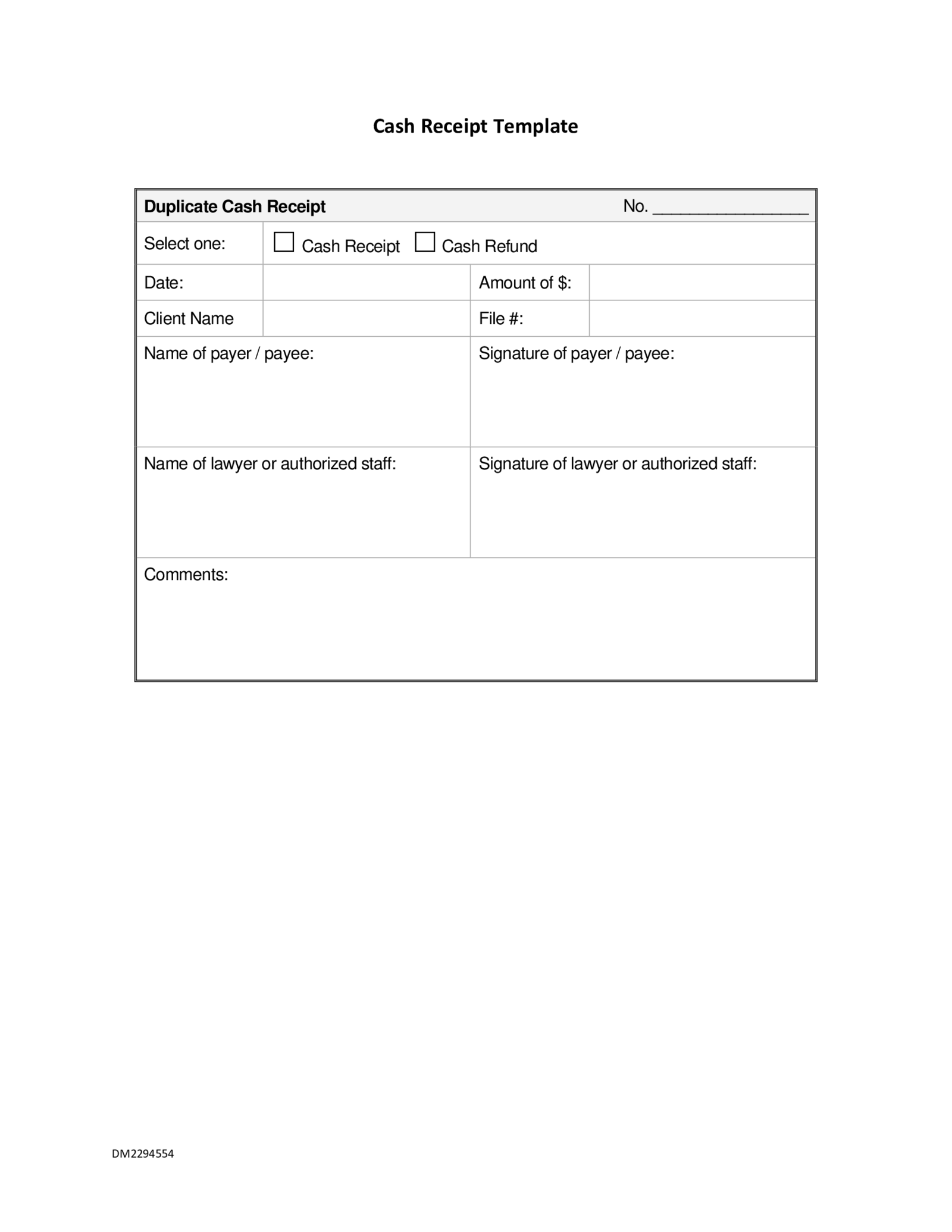 Fillable Cash Receipt Template - Thumbnail