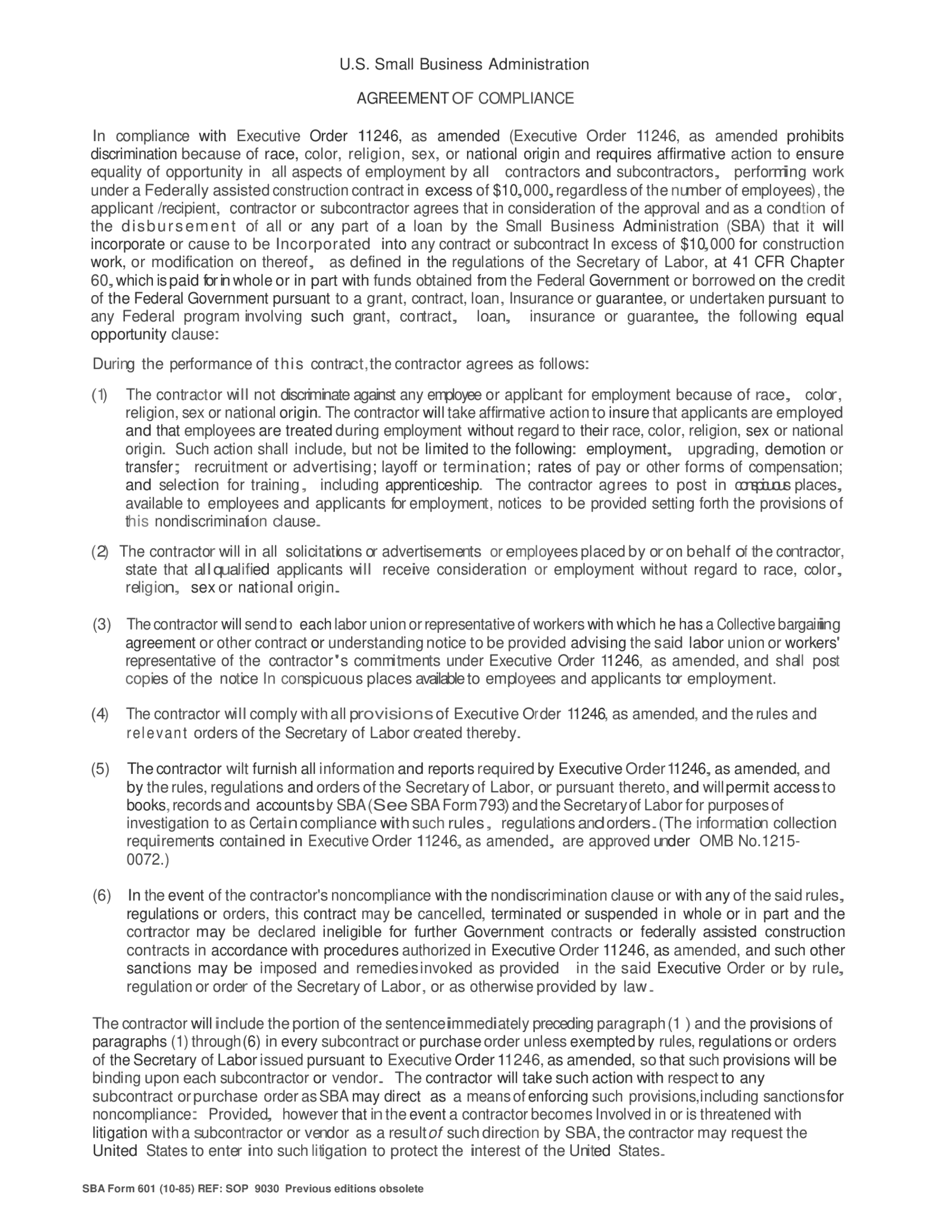 Fillable SBA Form 601 - Agreement of Compliance - Thumbnail