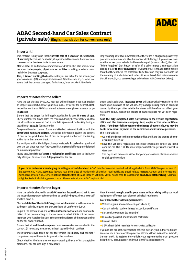 ADAC Second-hand Car Sales Agreement