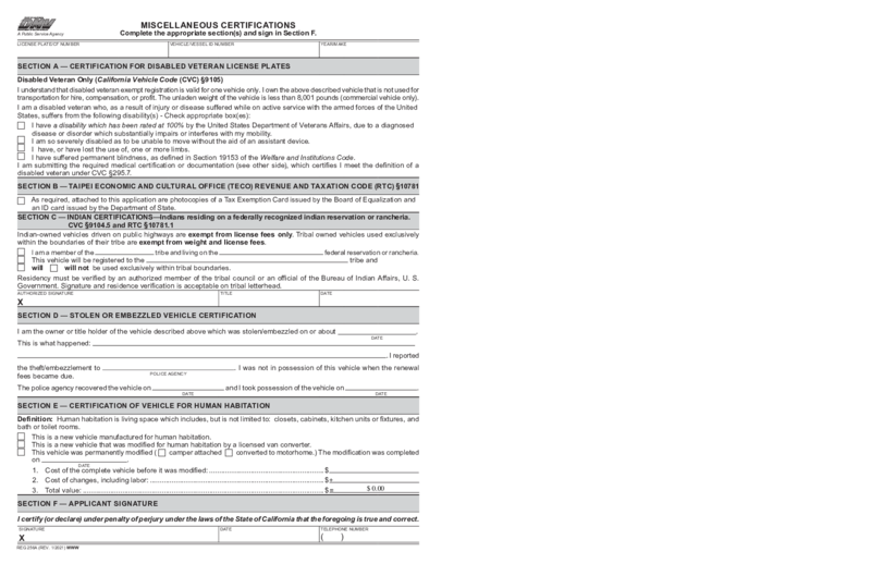 REG 256A Miscellaneous Certifications