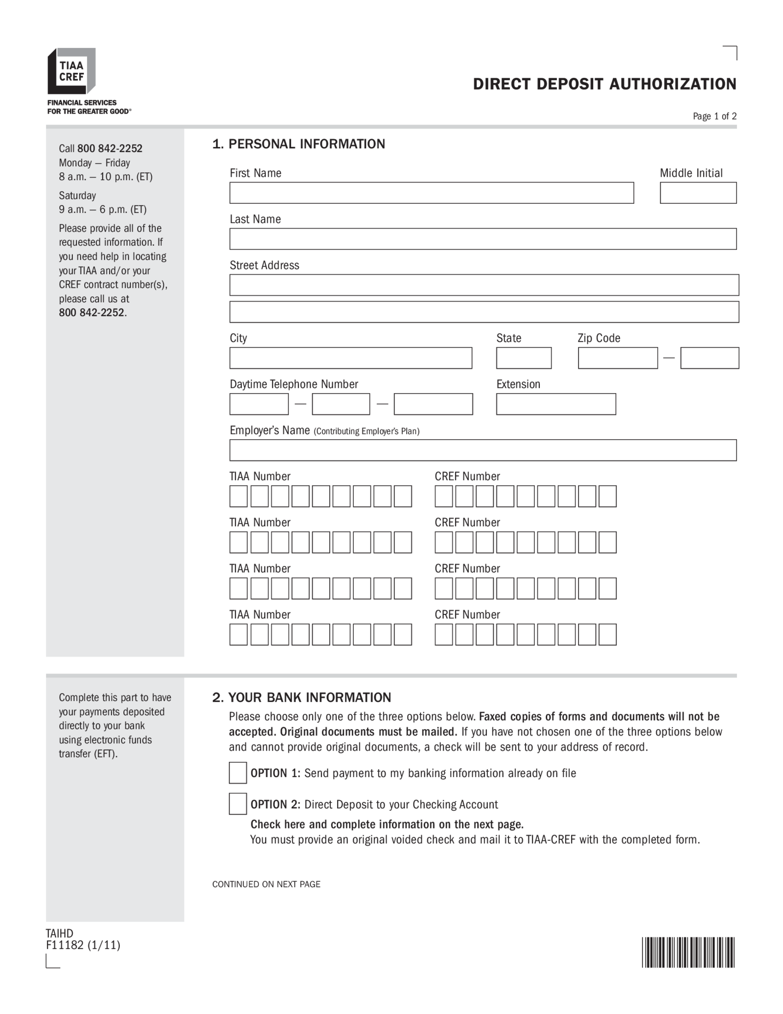 TIAA Direct Deposit Authorization Form - Thumbnail