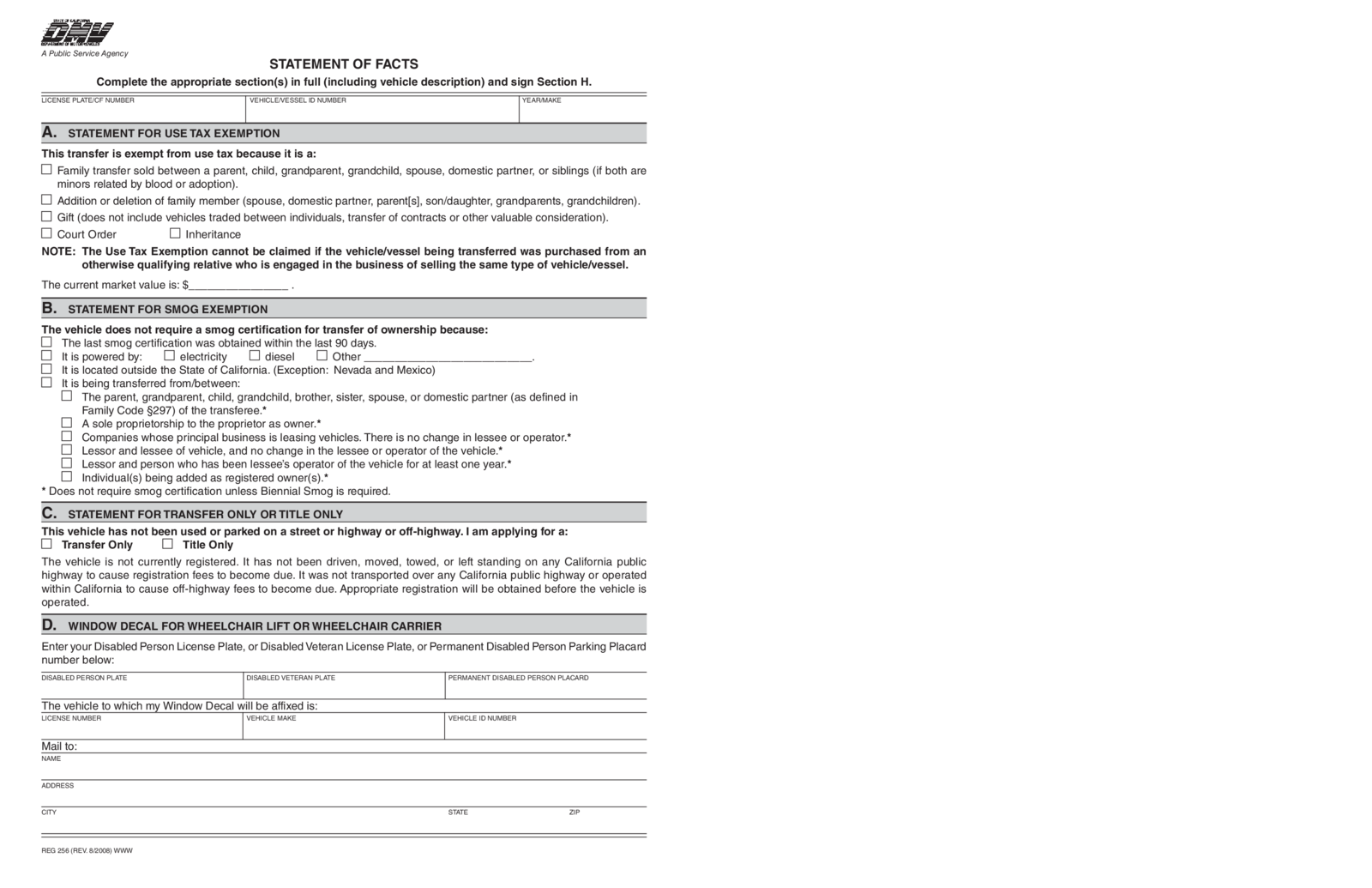 REG 256, Statement of Facts Form - Thumbnail