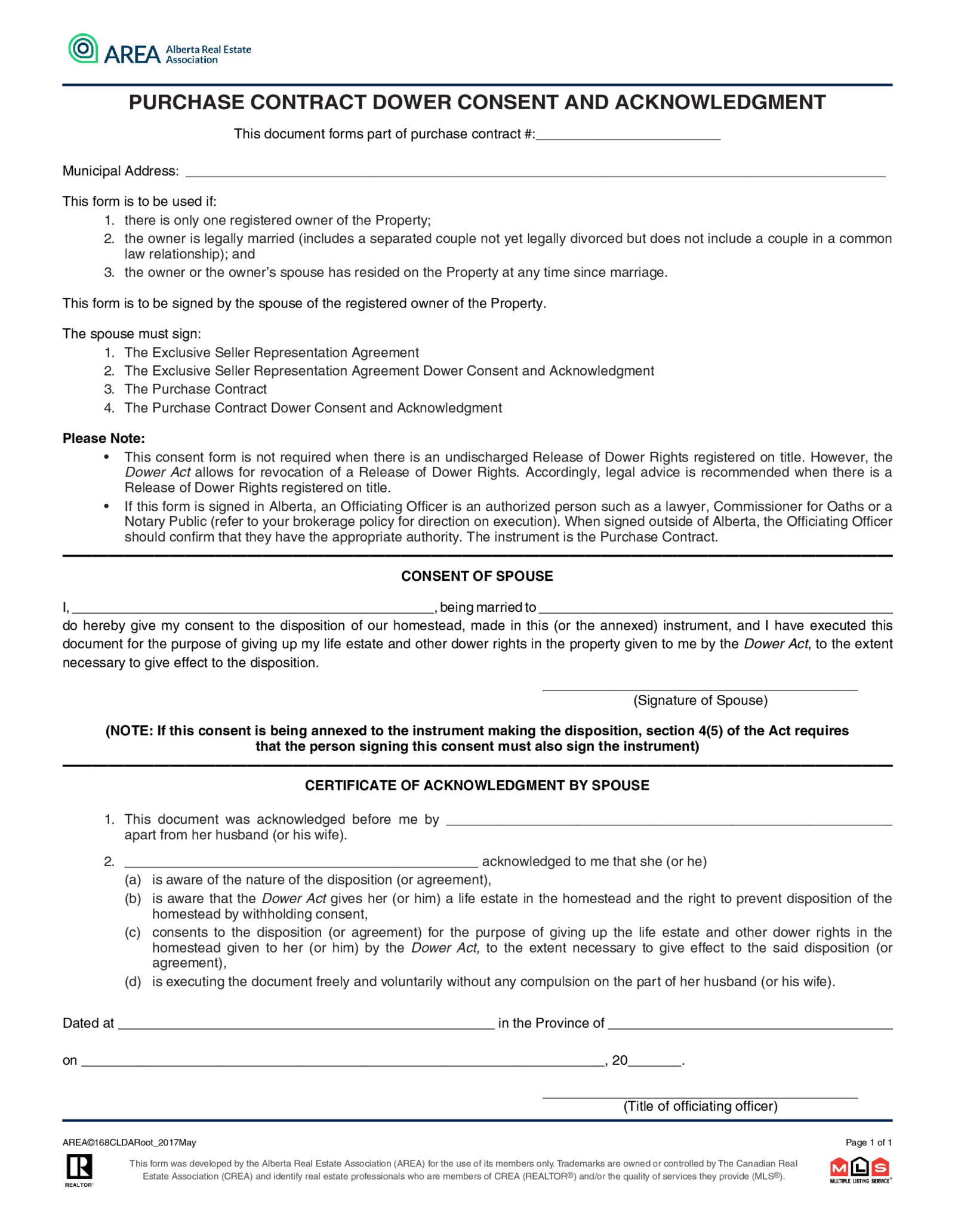 Fillable AREA Purchase Contract Dower Consent and Acknowledgment - Thumbnail