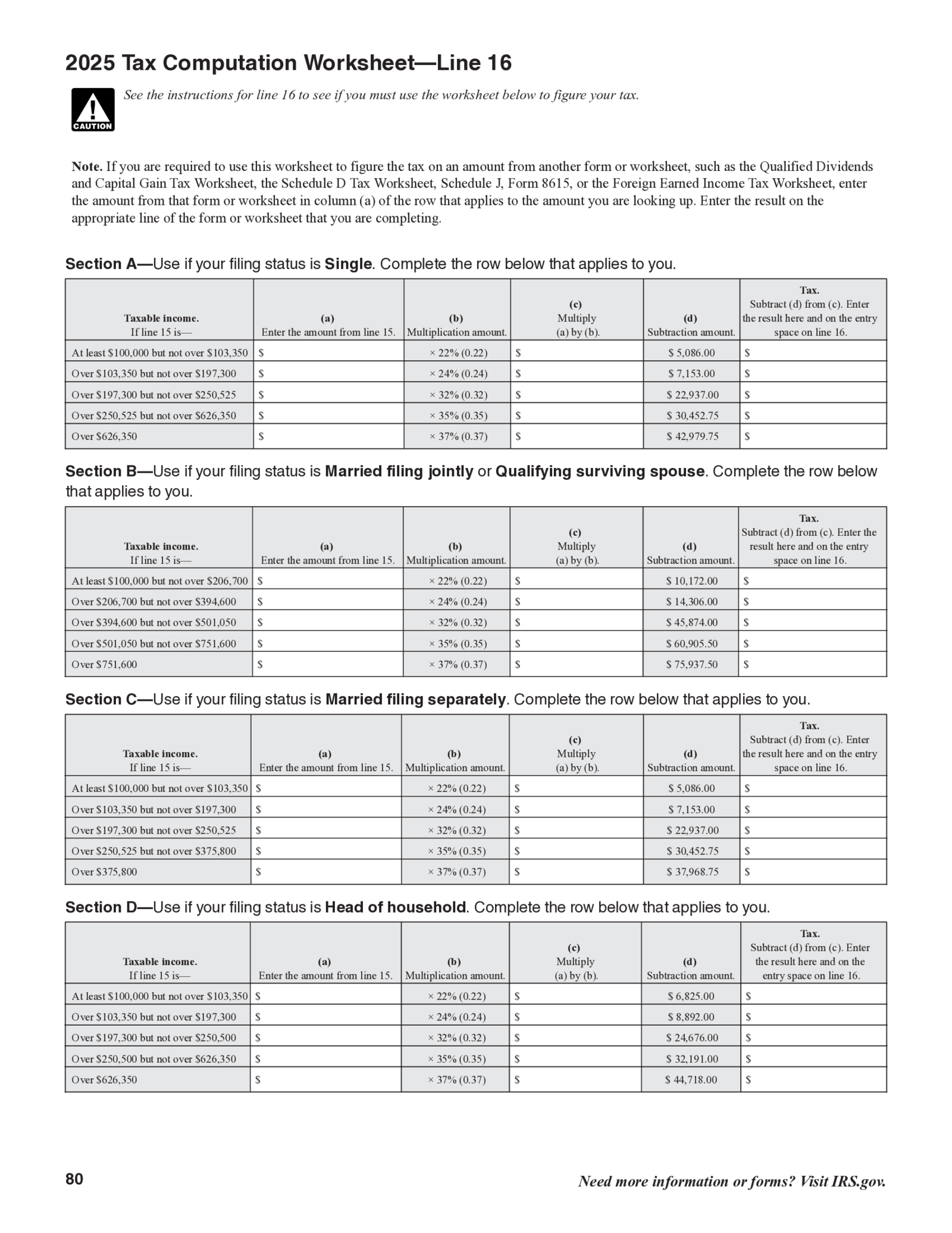 Tax Computation Worksheet, Line 16 (2025) - Thumbnail