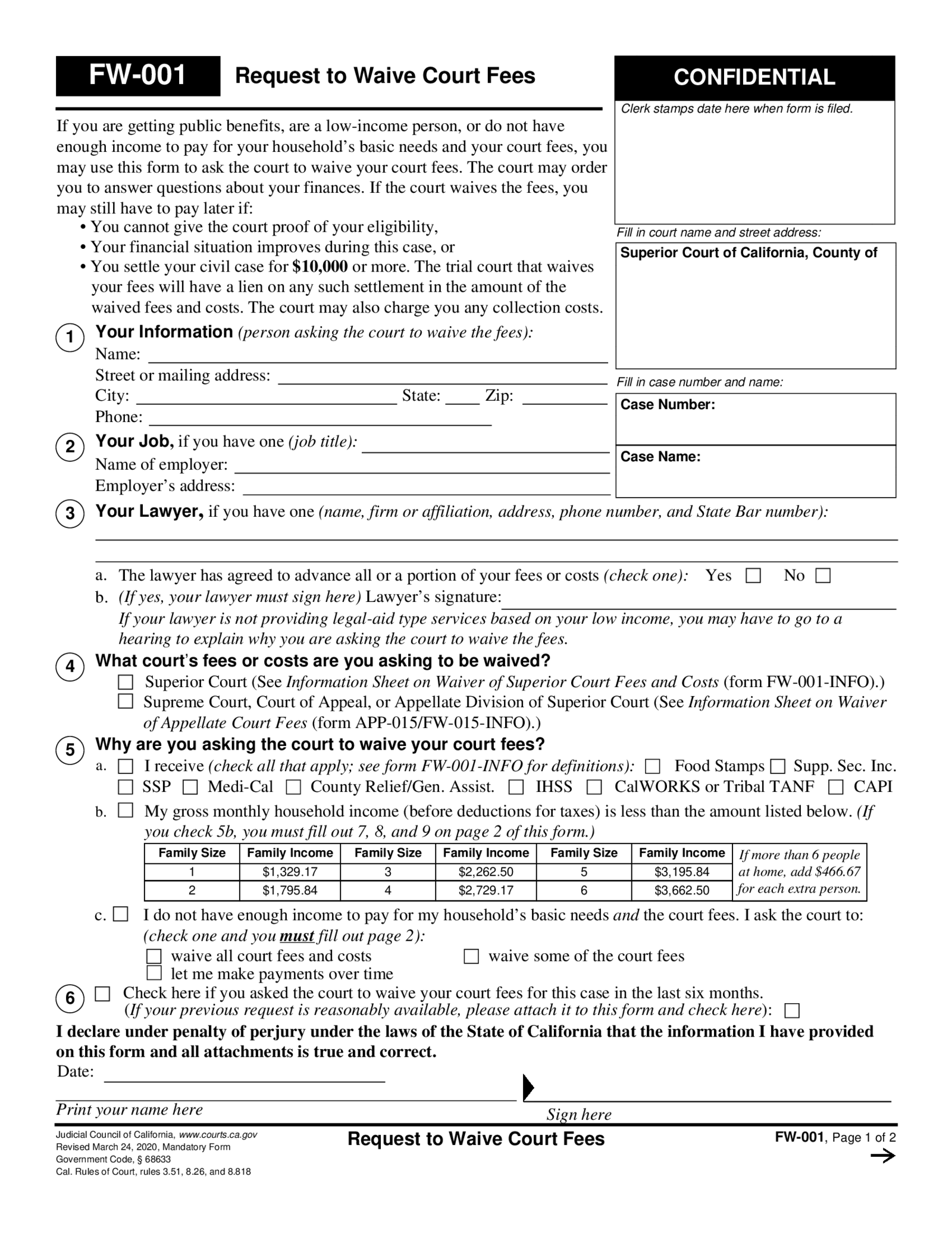 Fillable Form FW-001 Request to Waive Court Fees - Thumbnail