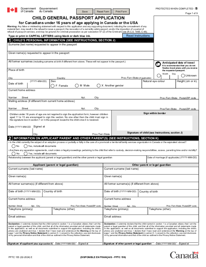 PPTC 155 E - Child General Passport Application for Canadians Under 16 Years