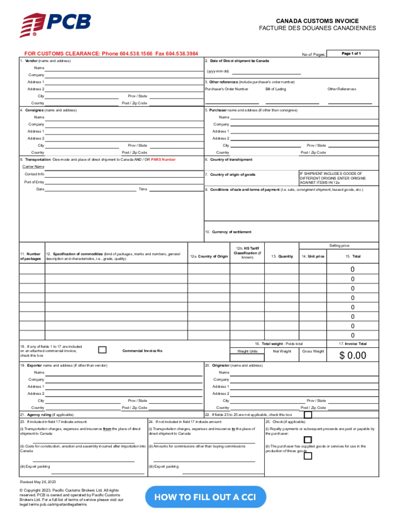 Canadian Customs Declaration Form