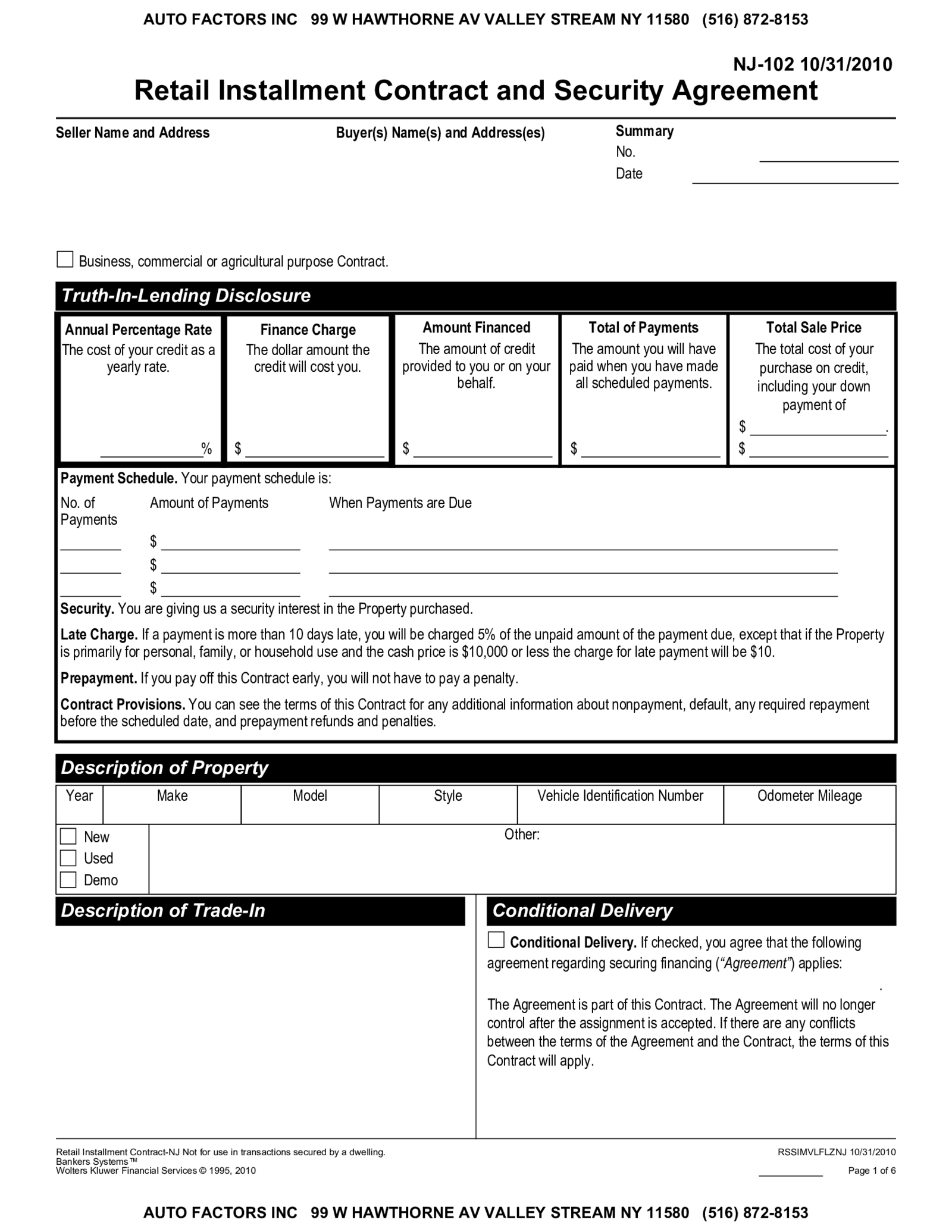 Fillable Retail Installment Contract and Security Agreement - Thumbnail