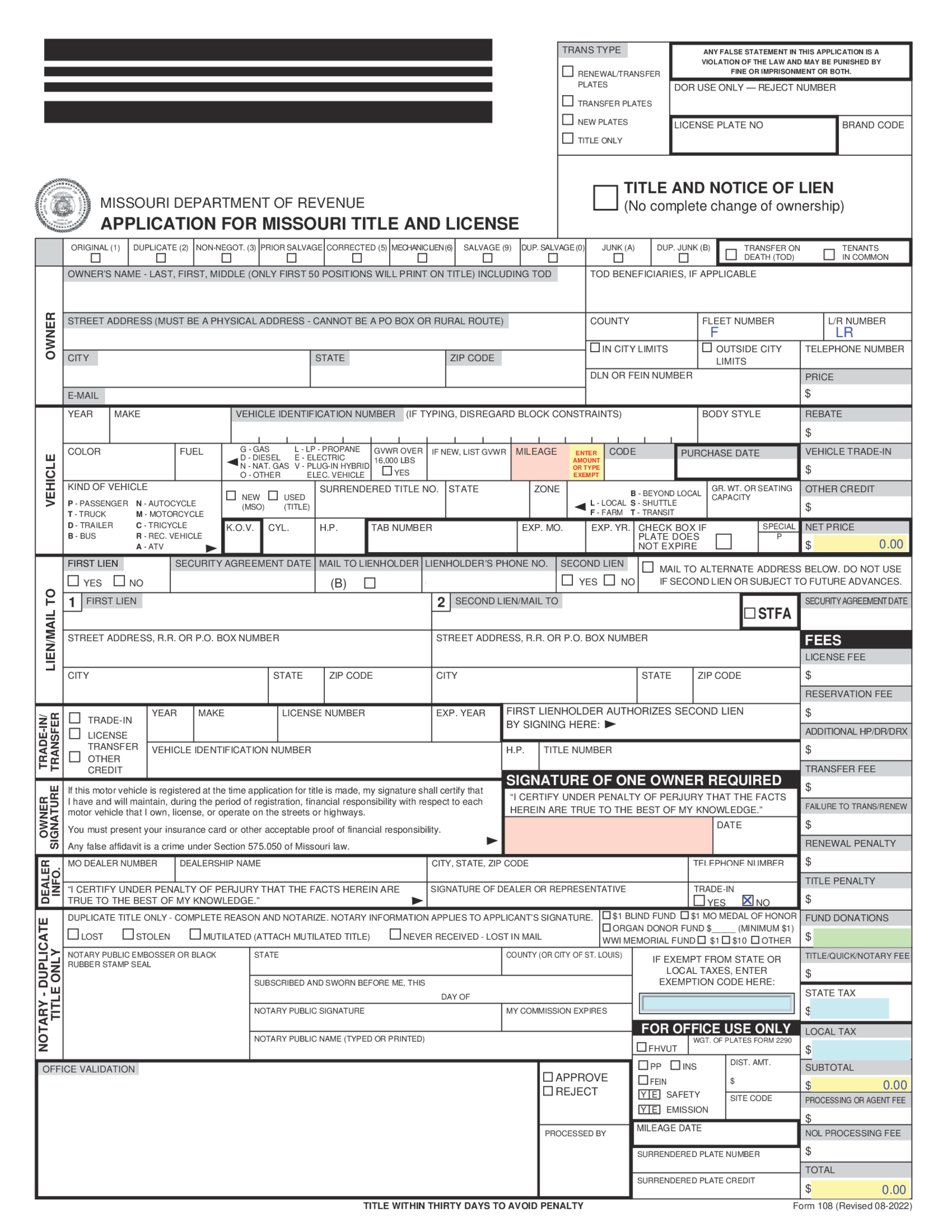 Missouri Form 108 - Thumbnail