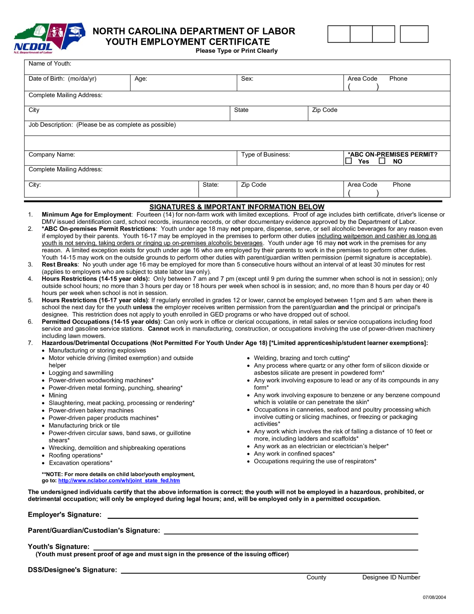 Fillable NC Youth Employment Certificate - Thumbnail